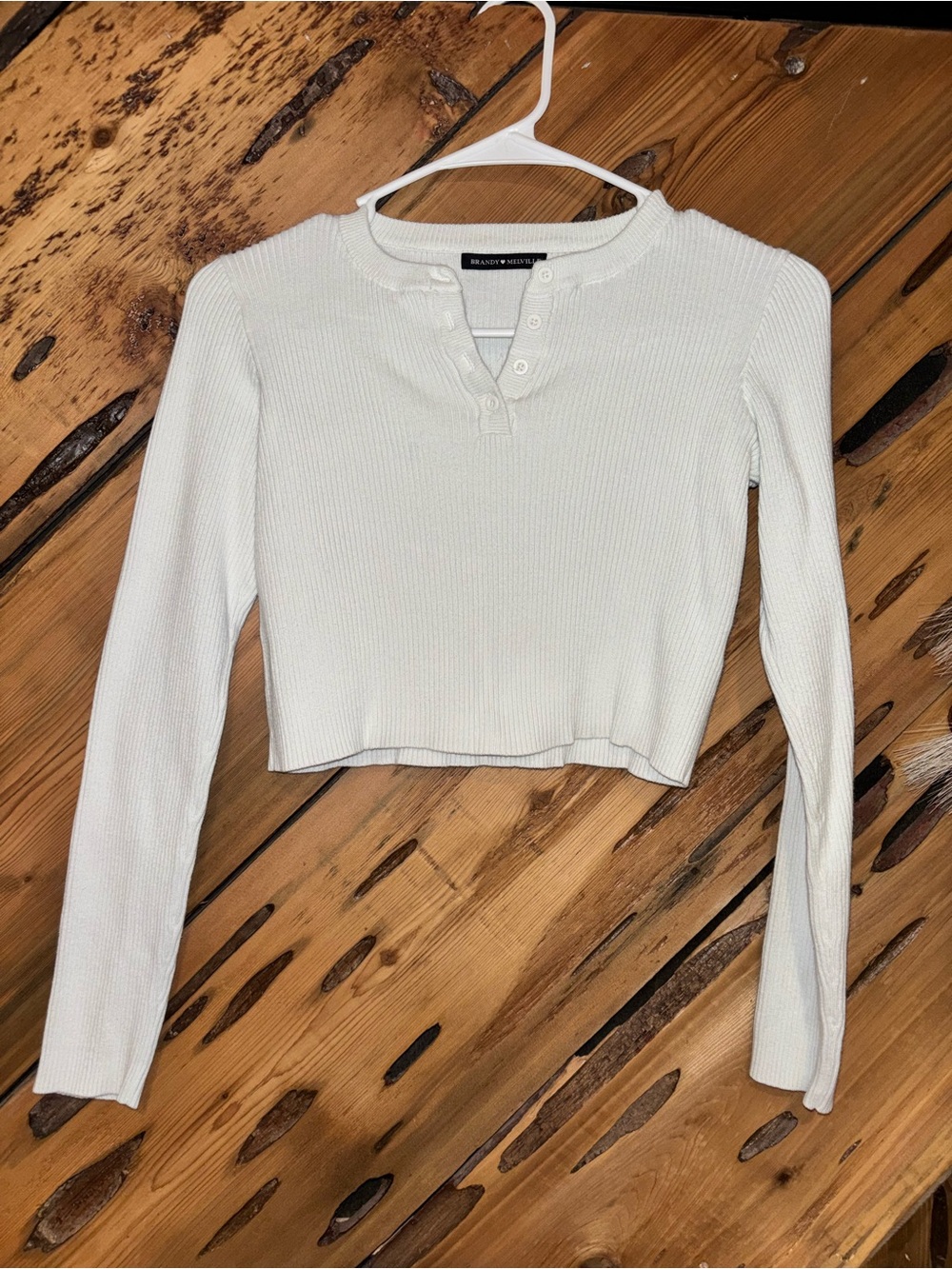 Brandy Melville White Ribbed Henley Crop Long-Sleeve Top
